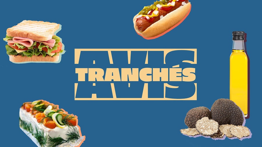 Logo de la websérie Avis tranchés avec un pain sandwich, de l'huile de truffles et un hot-dog. 