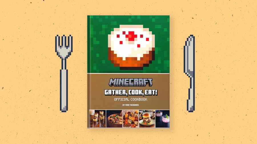 La couverture du livre de recettes, sur laquelle on peut voir le titre (« Minecraft : Gather, Cook, Eat! »), avec, de part et d'autre, des images d'une fourchette et d'un couteau à l'allure pixélisée.