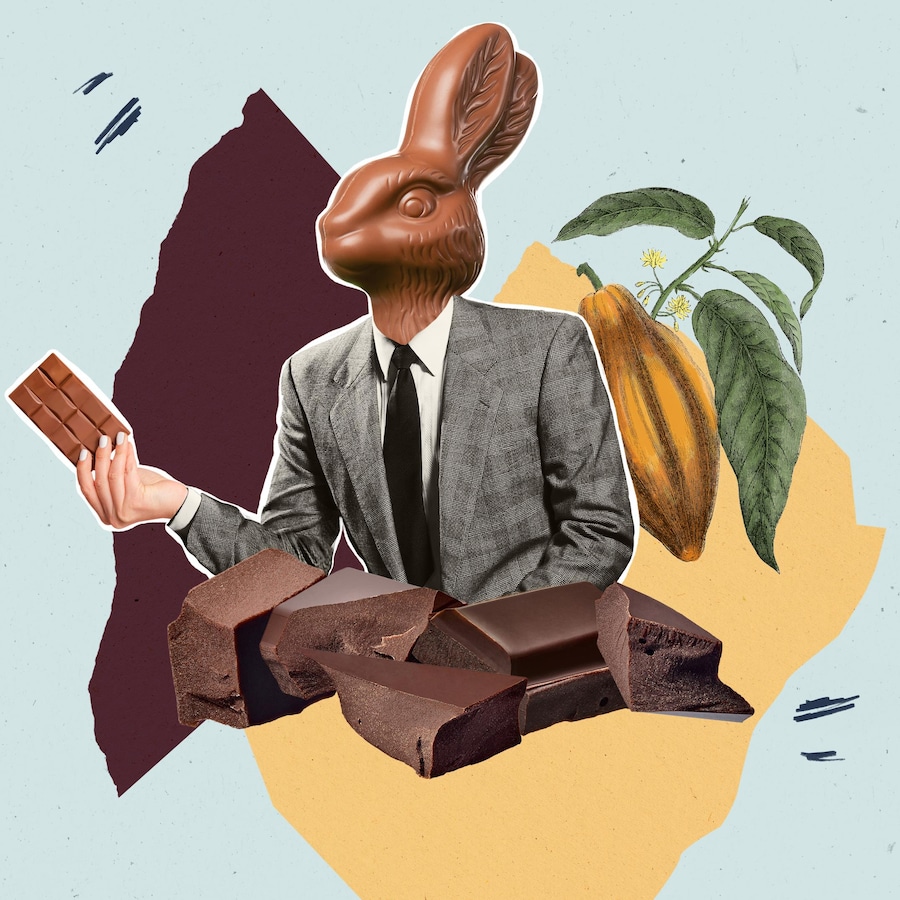 Photomontage d'un lapin en chocolat habillé en costume qui tient une barre de chocolat.