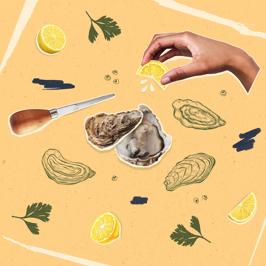 Illustration dans laquelle une main presse un citron au-dessus d'huîtres ouvertes.
