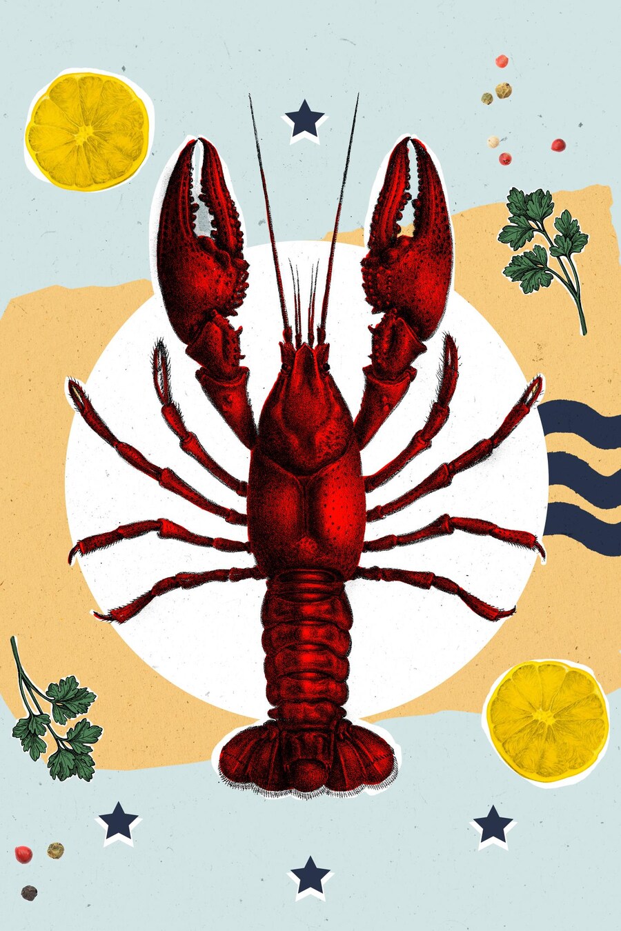 Illustration d'un homard placé dans une assiette avec un peu de persil et des tranches de citron. 