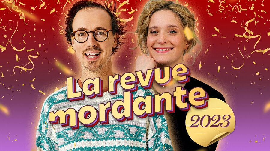 Les humoristes Pascal Cameron et Liliane Blanco-Binette sur un fond festif avec le nom de la websérie La revue mordante 2023.