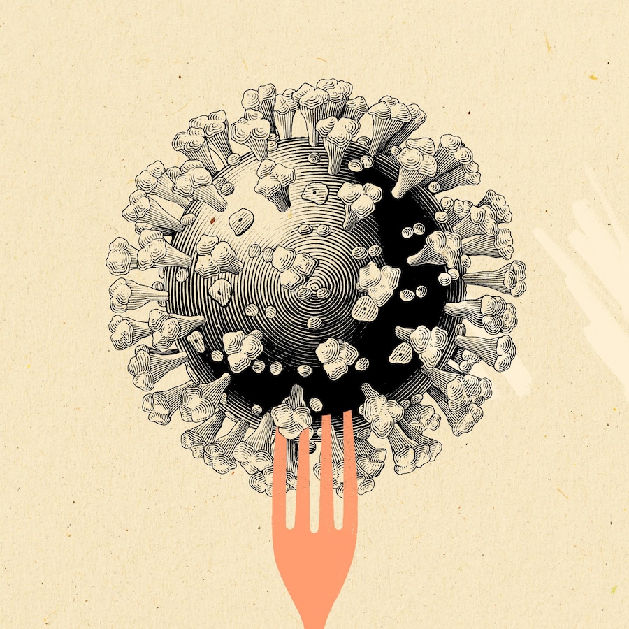 Image du virus de la covid-19 et d'une fourchette.