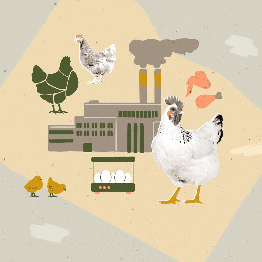 Une poule, des poussins et des oeufs, devant une usine de surtransformation.. 