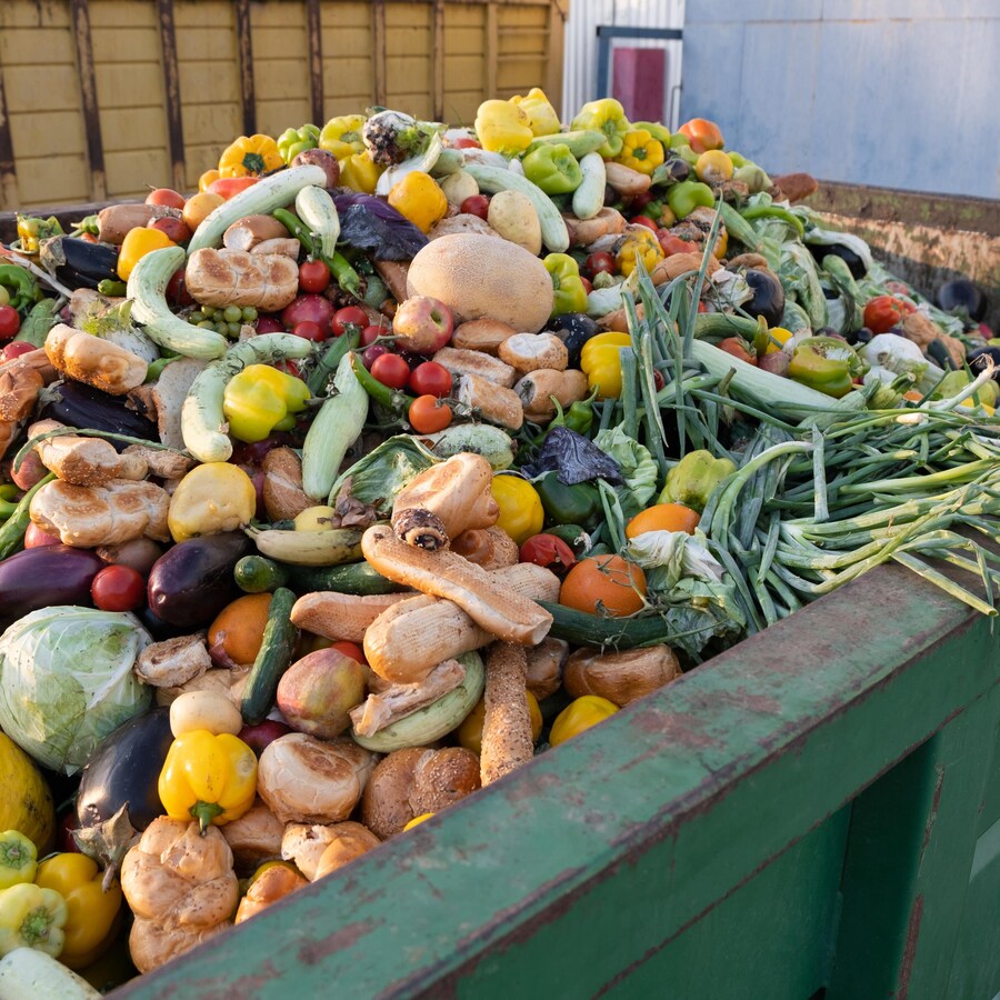 Des légumes qui s'entassent dans une poubelle.