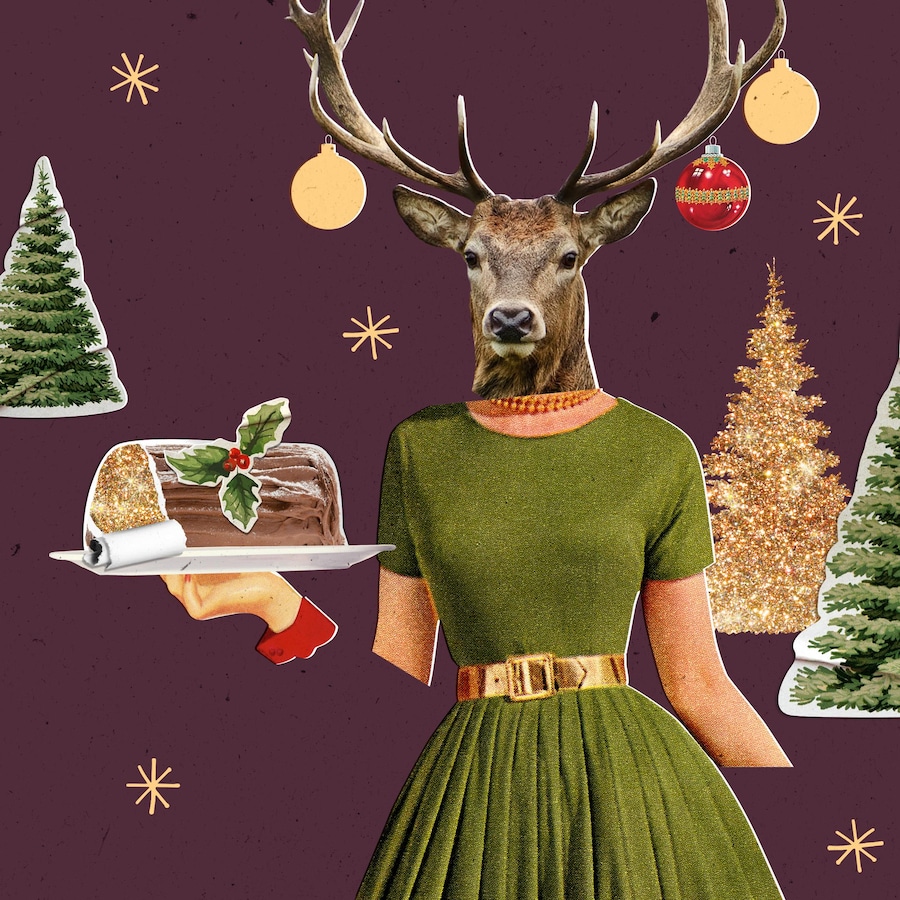 Illustration : un personnage à tête de chevreuil tient dans ses mains une bûche de Noël.