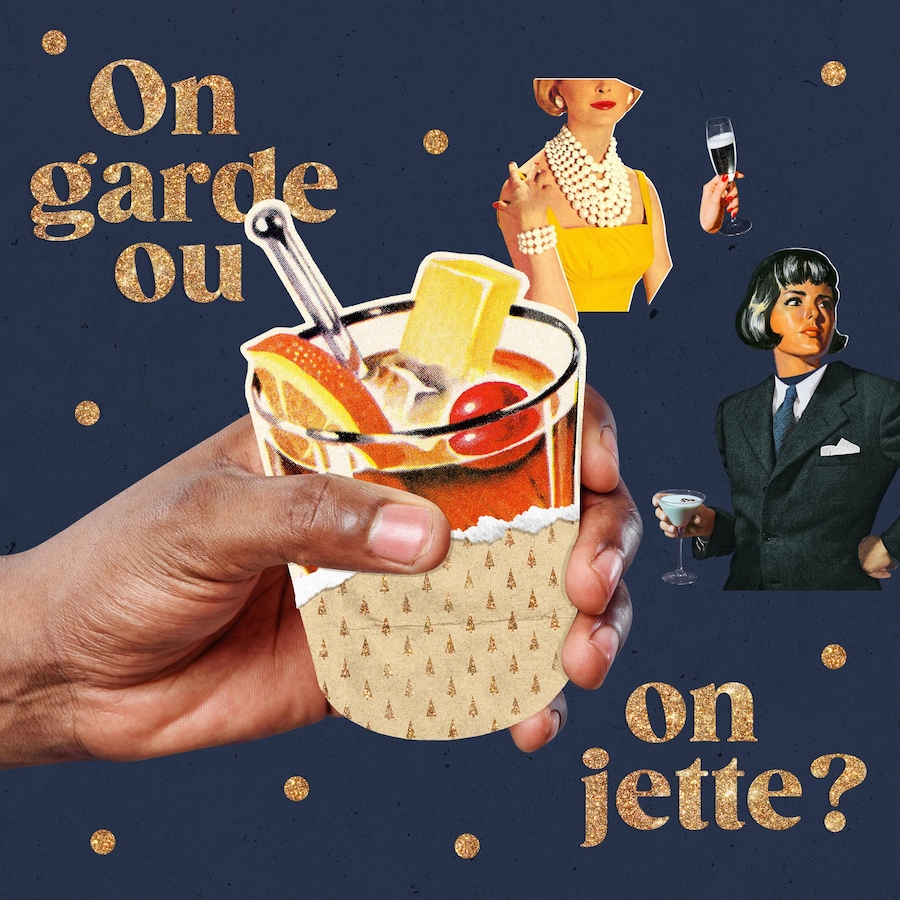 Un collage d'une main qui tient une boisson alcoolisée, Sur la même image, on voit deux personnes tenir un verre de champagne et un verre à martini.