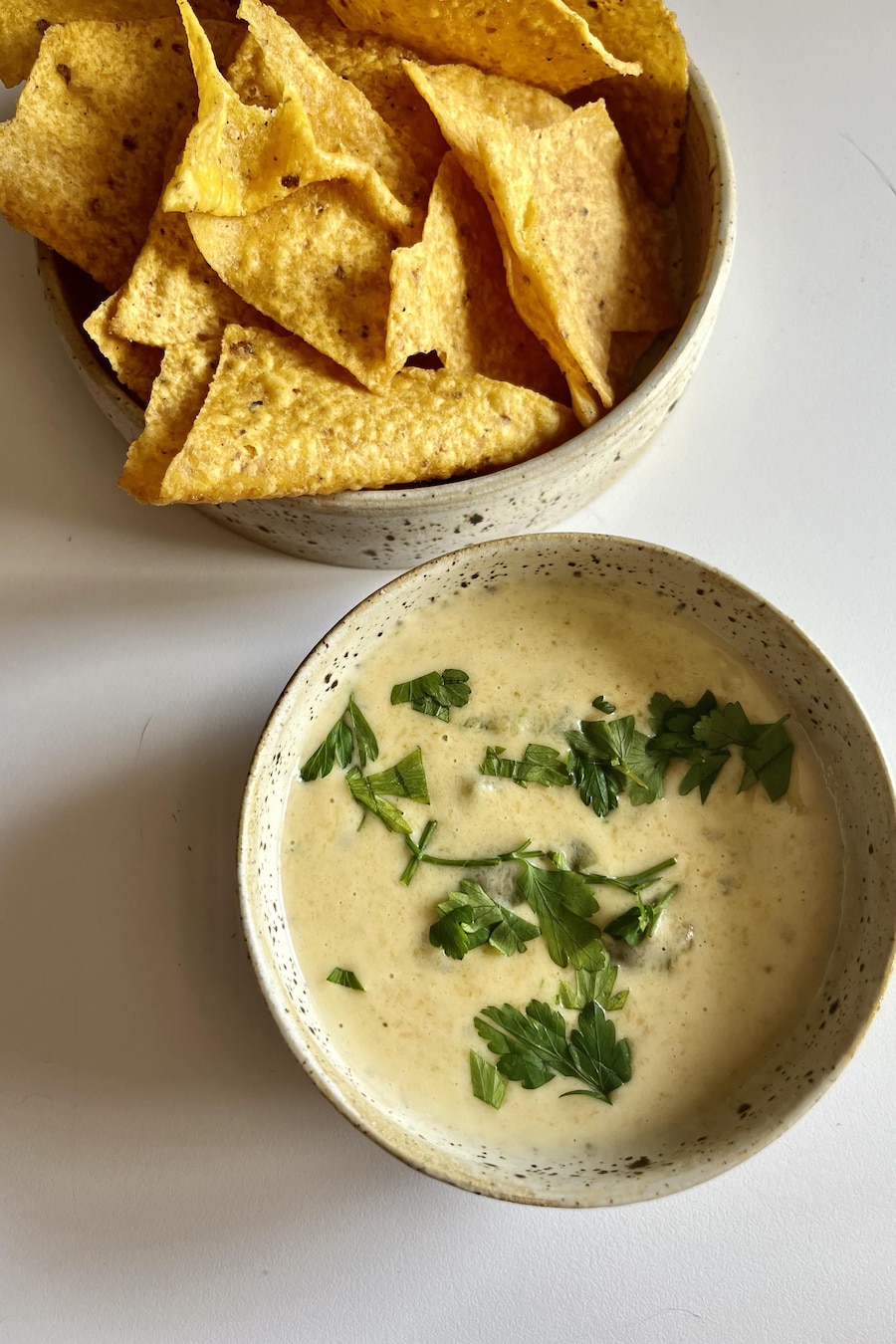 De la trempette au fromage et aux jalapenos servie avec croustilles de maïs.