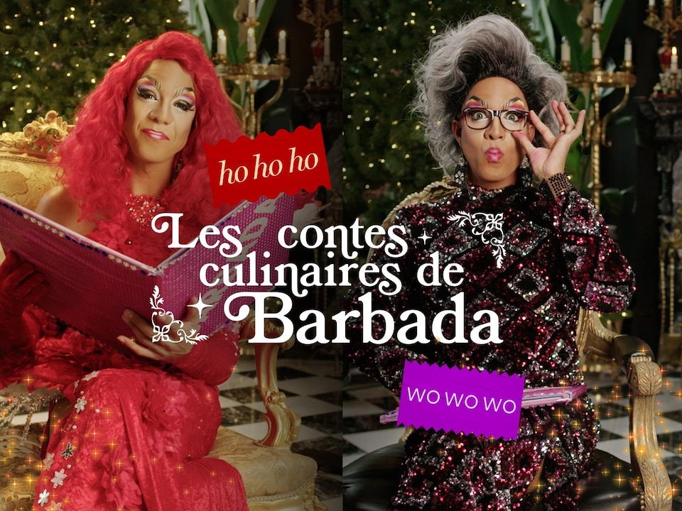 La drag queen Barbada en mode hohoho avec une perruque rouge d'un côté et en mode wowowo avec une perruque grise et noire de l'autre côté.