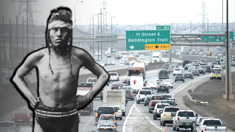 Montage d'une photo d'archive d'un coureur autochtone et de l'autouroute Deerfoot à l'heure de pointe.