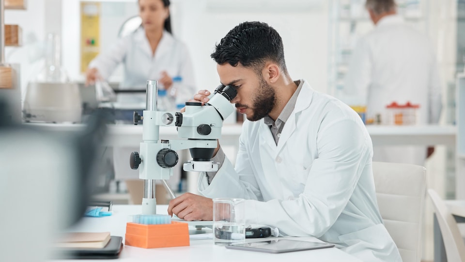 Un scientifique regarde dans un microscope.