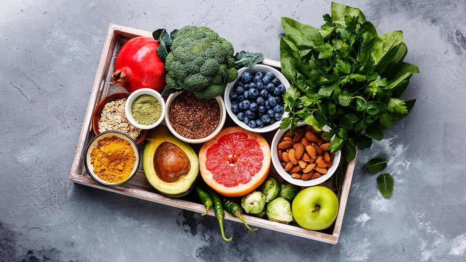Un plateau vu de haut rempli de différents aliments.