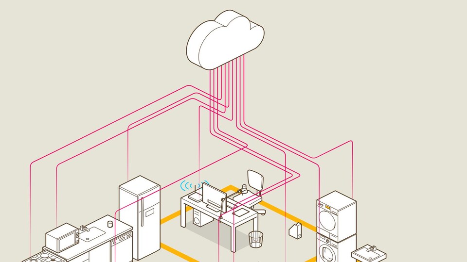 Un dessin montre les nombreux meubles d'une maison qui sont tous interconnectés grâce à un nuage.