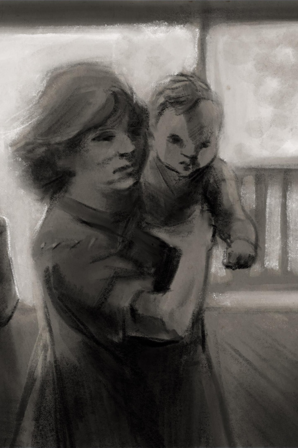 Un dessin d'enfants qui prennent des plus petits dans leurs bras, surveillés par une religieuse.