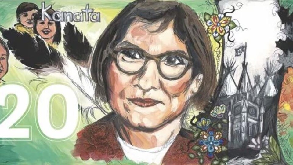 Une peinture du visage de Cindy Blackstock sur la représentation d'un billet vert de 20 $.