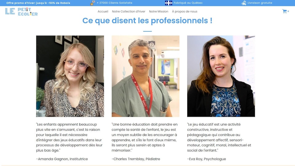 Trois professionnels mis en évidence sur une page du site Le petit écolier.