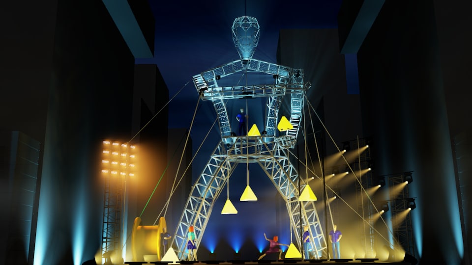 A giant iron, at night, illuminated, surrounded by buildings.