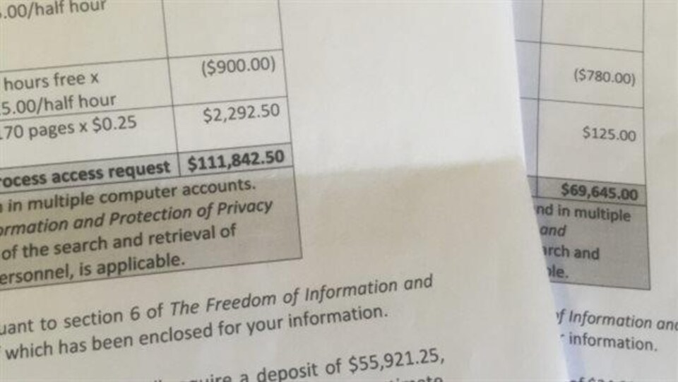 CBC Saskatchewan a reçu deux estimations de frais associés à des demandes d'accès à l'information qui ensemble s'élèvent à un peu plus de 180 000 $.