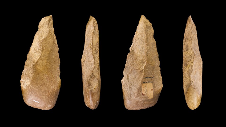 Différentes vues du même outil biface de 27 cm de hauteur créé par un Acheuléen.