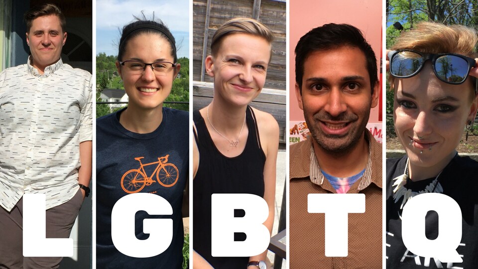 Photo de 5 personnes avec les lettres LGBTQ