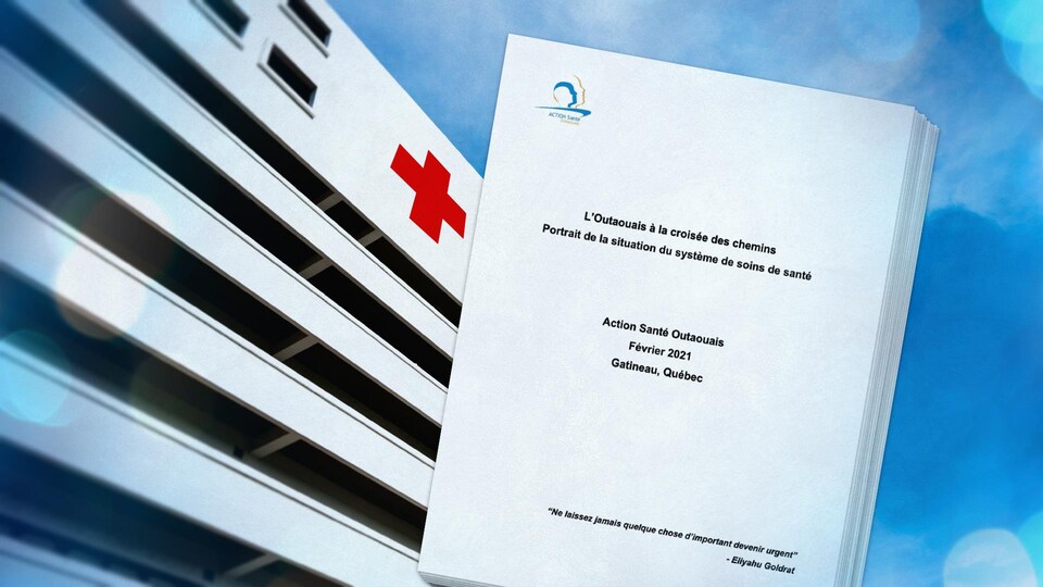Montage d'un document devant un établissement d'urgence.