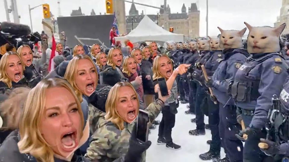 Two groups face each other in front of the Ottawa parliament: the demonstrators and the police, personified by memes. 