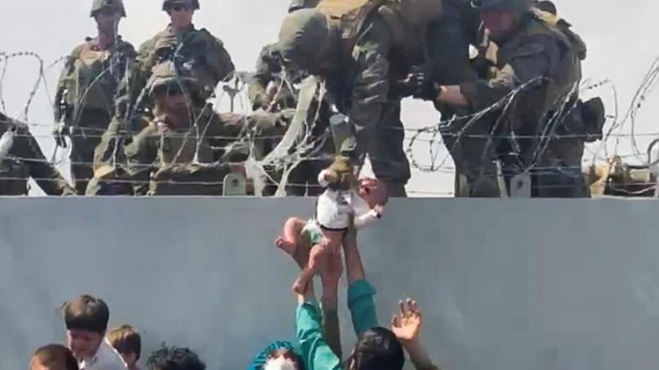 Un soldat penché par-dessus un mur surmonté de fil barbelé prend un bébé par le bras. 