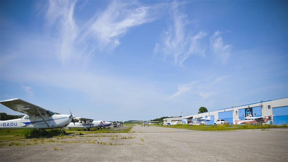Des avions alignés sur le bord d'une piste.
