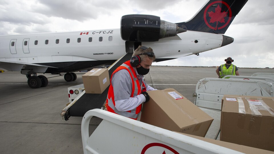 Un homme trie des boîtes qui sortent d'un avion d'Air Canada posé sur la piste.