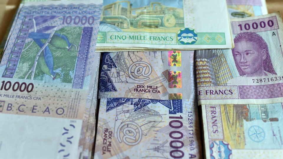 Des liasses de billets de 5000 et 10 000 francs CFA empilées les unes sur les autres.
