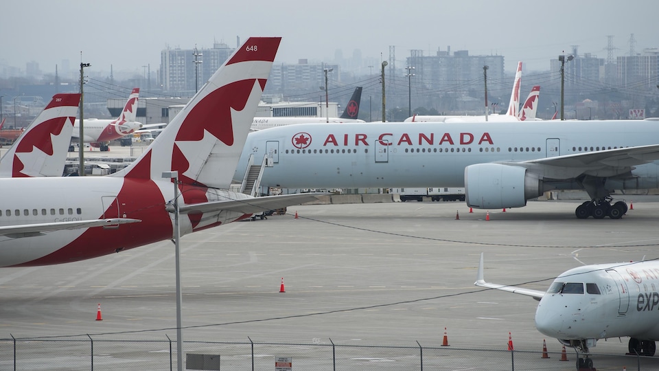 Des avions d'Air Canada attendent sur le tarmac de l'aéroport Pearson, à Toronto.