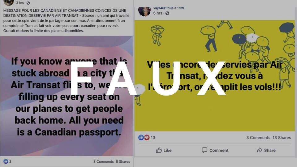 Deux publications Facebook sur des vols d'Air Transat avec le mot FAUX.