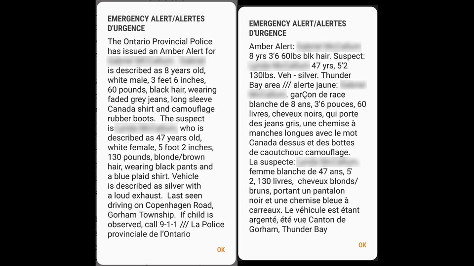 Des captures d'écran des alertes Amber envoyées lundi en Ontario