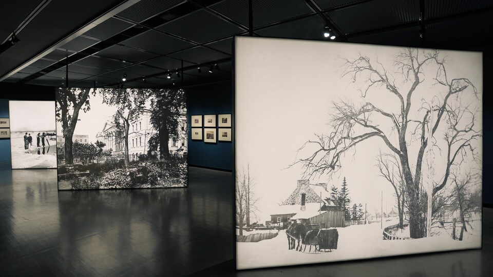 Black and white photographs in a museum.