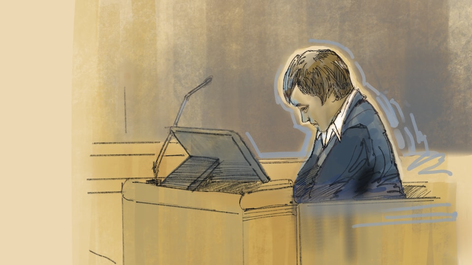 Dessin d'Alexandre Bissonnette qui écoute le juge lors de la lecture de son jugement.