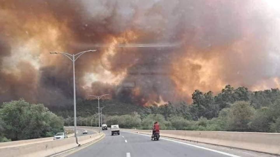 Un incendie de forêt près d'une autoroute.