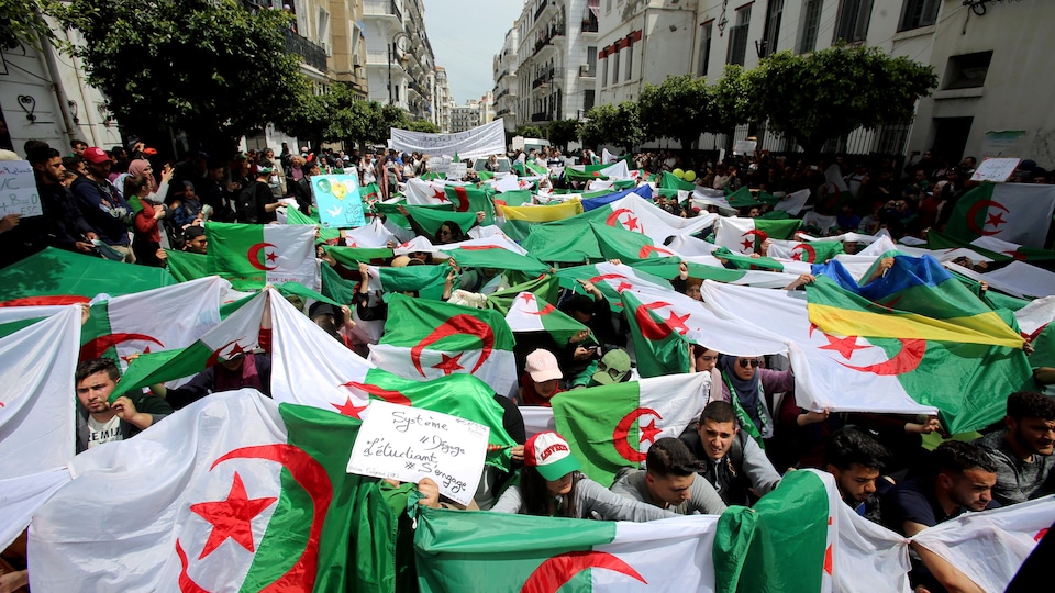 Des étudiants marchent dans le rues en brandissant des drapeaux algériens au-dessus de leurs têtes.