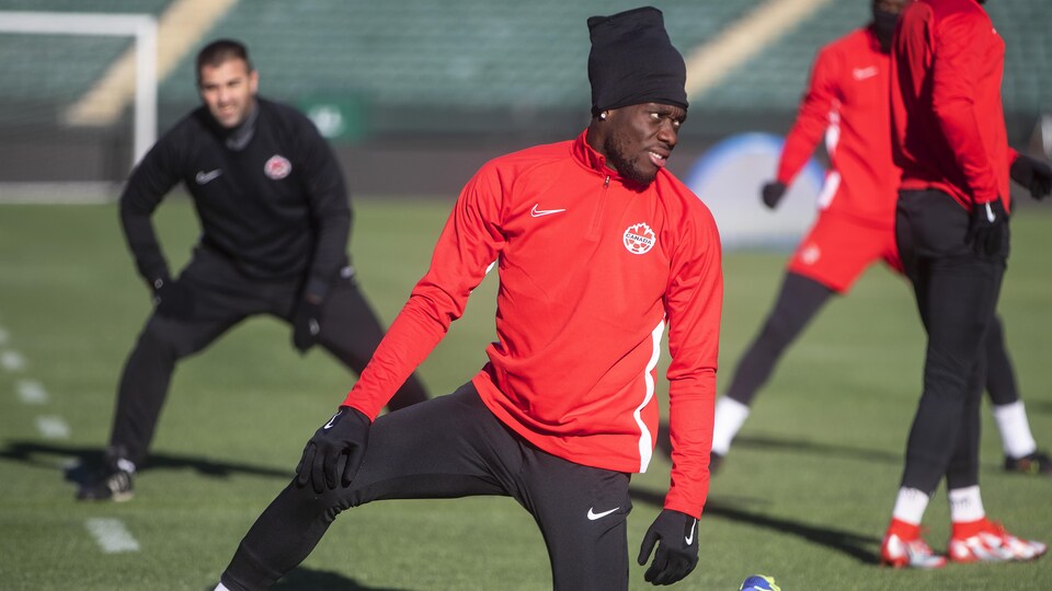 Alphonso Davies trains with the Canadian soccer team at Commonwealth Stadium in Edmonton. 
