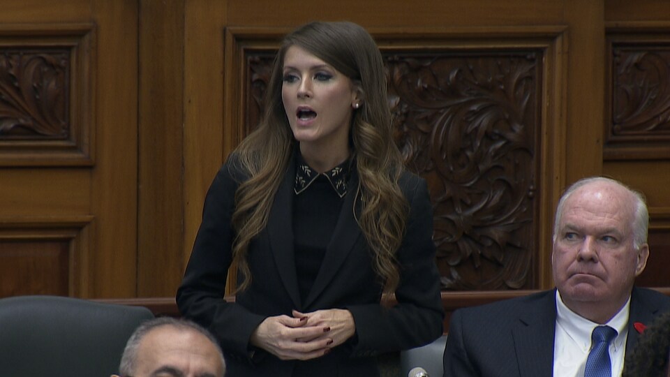 Amanda Simard s'exprime à l'assemblée avec d'autres députés autour d'elle.
