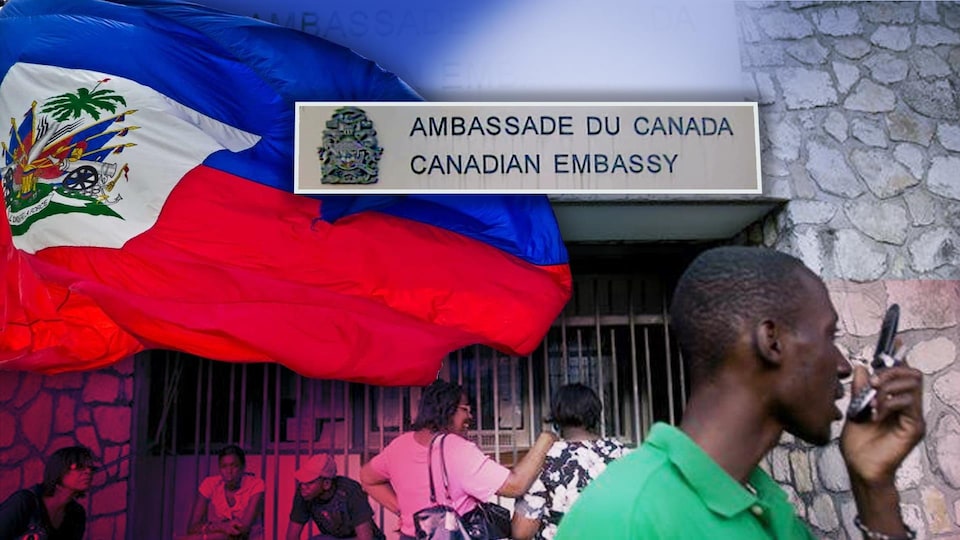 Un drapeau flotte devant l'ambassade, alors qu'un homme parle au téléphone (montage)