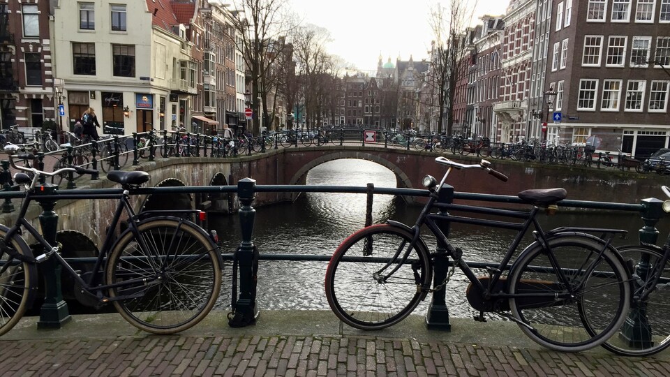 Des vélos attachés à des rambardes, une rivière et un pont en arrière-plan