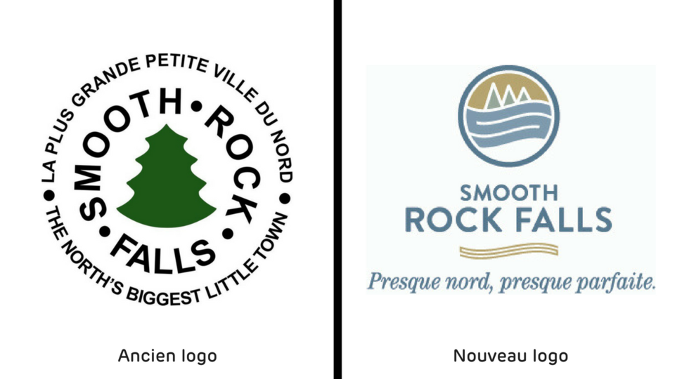 À gauche l'ancien logo avec un sapin vert et à droite le nouveau logo avec le slogan « Presque nord, presque parfaite ».