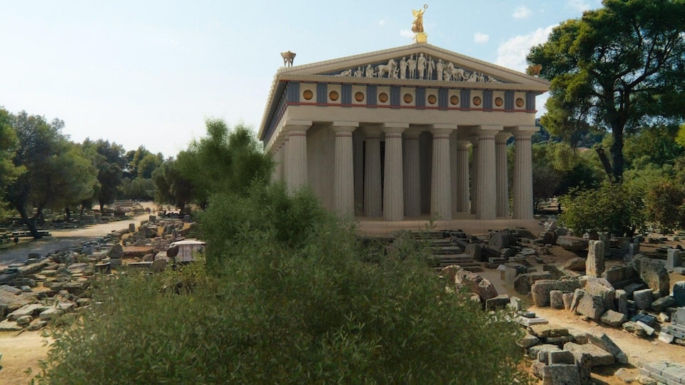Un grand temple grec délimité par une colonnade.