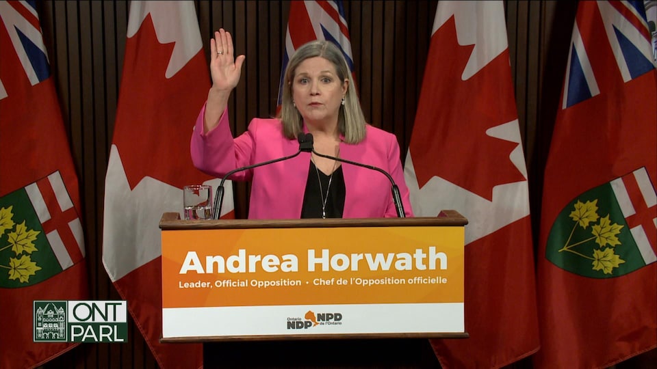 Andrea Horwath en conférence de presse à l'Assemblée législative de l'Ontario.