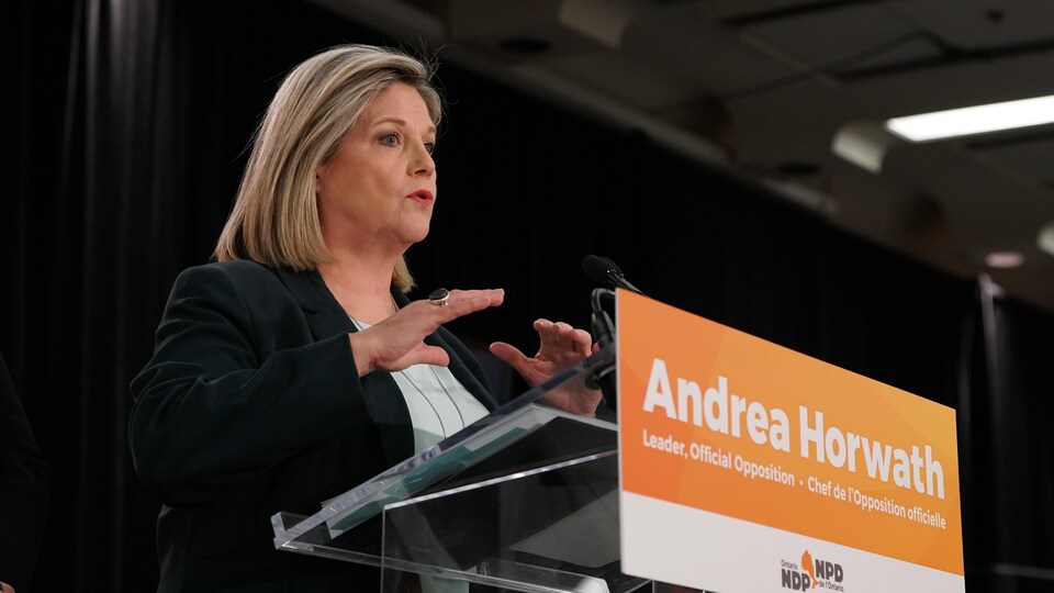 Andrea Howarth, devant un lutrin, répond aux questions des journalistes.