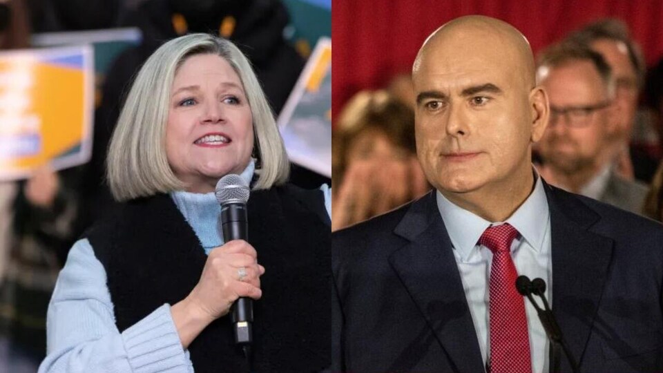 Andrea Horwath and Steven Del Duca at a press briefing.