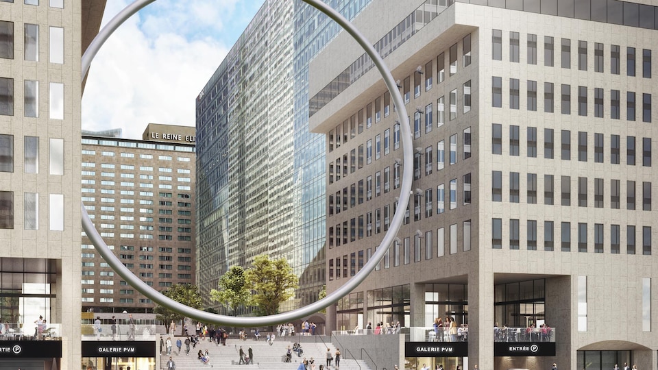 Model of a giant ring suspended between two buildings on Place Ville-Marie in Montreal. 