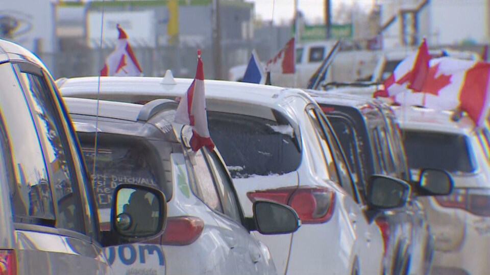 Une série de voitures avec des drapeaux du Canada.