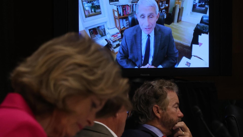 Le témoignage d'Anthony Fauci est diffusé sur un écran derrière des sénateurs américains.