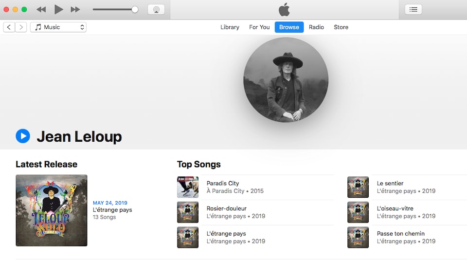 Une page d'Apple Music propose des chansons de Jean Leloup.